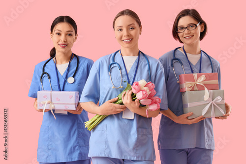 Female doctors with gifts a...