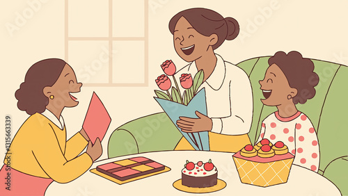 A joyful Mother’s Day celebration in the living room with homemade cards, bouquets, and desserts, surrounded by family, laughter, and love, highlighting the joy of togetherness and family bonding.