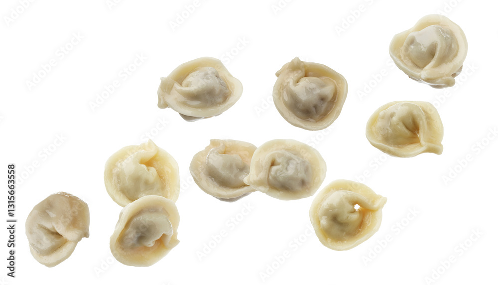 Tasty boiled dumplings (pelmeni) in air on white background Tasty boiled dumplings (pelmeni) in air on white background