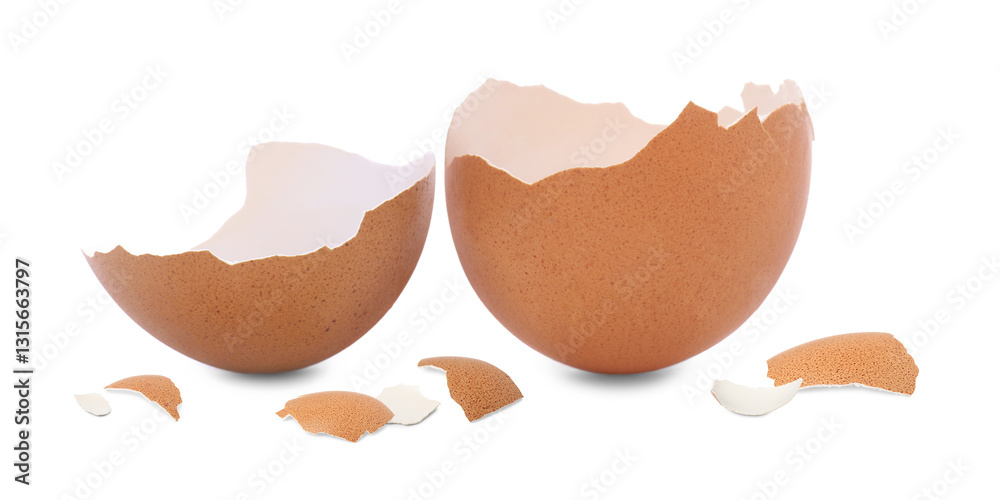 Pieces of brown cracked egg shell on white background Pieces of brown cracked egg shell on white background