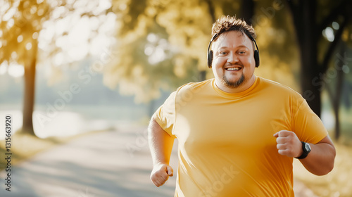 Smiling overweight man wearing yellow t-shirt and headphones jogging to lose weight and maintain healthy lifestyle outdoors in summer. Striving for positive changes in life.