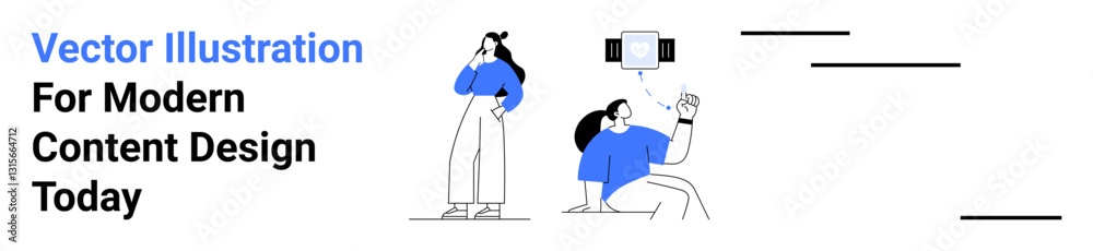 Woman thinking and teammate analyzing digital screen, both in blue minimal style. Ideal for teamwork, innovation, brainstorming, content creation, design thinking, collaboration, flat landing page Woman thinking and teammate analyzing digital screen, both in blue minimal style. Ideal for teamwork, innovation, brainstorming, content creation, design thinking, collaboration, flat landing page