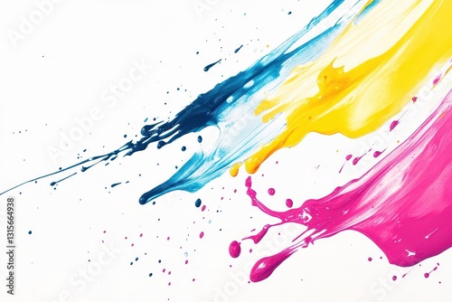 vibrant watercolor paint splatters in magenta cyan and yellow creating dynamic abstract patterns against pristine white background with droplets and fluid motion captured in highdefinition photo