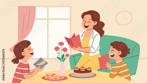 A joyful Mother’s Day celebration in the living room with homemade cards, bouquets, and desserts, surrounded by family, laughter, and love, highlighting the joy of togetherness and family bonding.