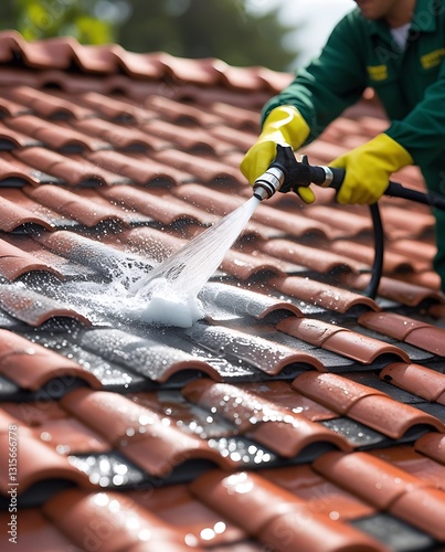 Professional roof cleaning with high pressure water jet on red ceramic tiles by a worker in safety gloves and uniform, concept of maintenance, home care, and cleanliness


