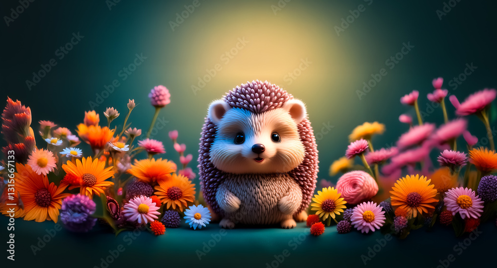A charming image of a cute, fluffy hedgehog surrounded by vibrant flowers. Soft lighting and blurred background create a whimsical, fairytale-like atmosphere in nature. A charming image of a cute, fluffy hedgehog surrounded by vibrant flowers. Soft lighting and blurred background create a whimsical, fairytale-like atmosphere in nature.