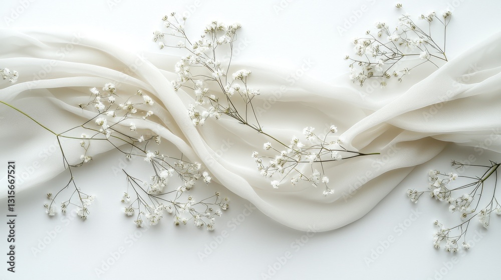 Flowing Fabric with Tiny Flowers on White Flowing Fabric with Tiny Flowers on White