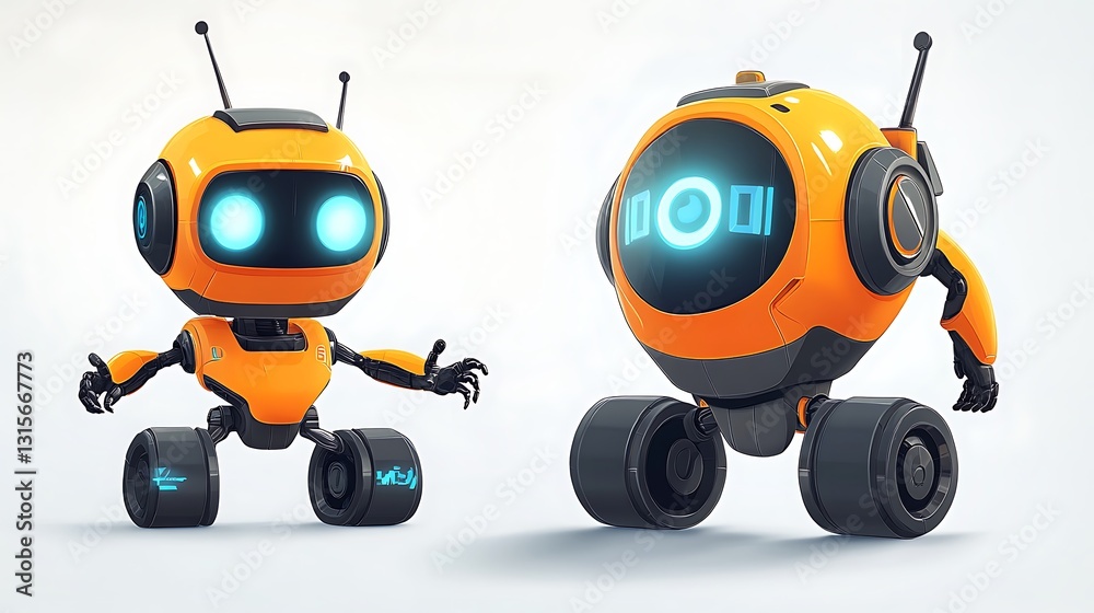 Two friendly, cartoonish robots with glowing features and wheels, designed for interaction. Two friendly, cartoonish robots with glowing features and wheels, designed for interaction.