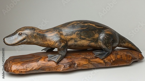 Wooden Platypus Sculpture on Log Base photo