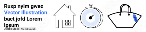 House with windows, stopwatch with blue detail, and a handbag with tag. Ideal for homeownership, time management, fashion, retail, minimalism, design flat landing page banner