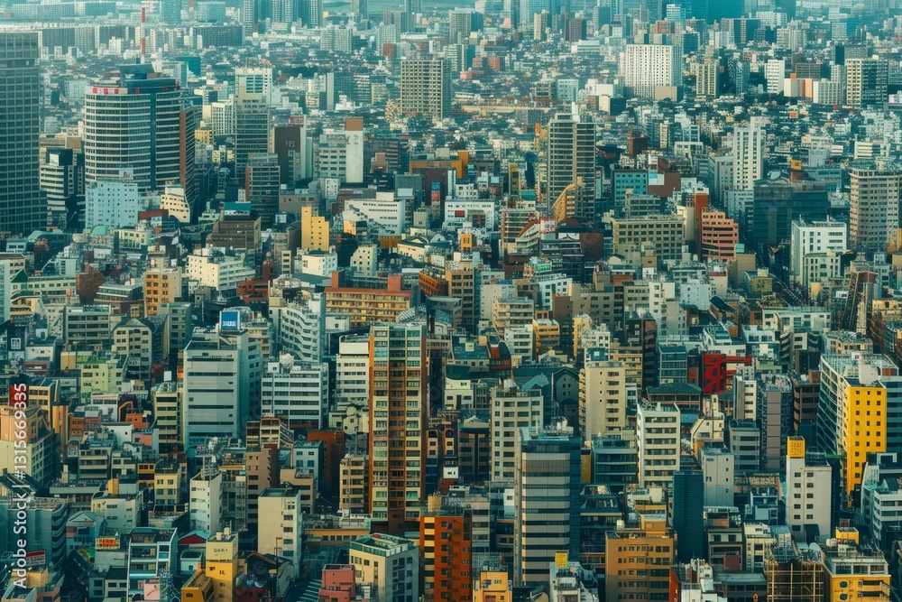 Obraz premium An Aerial Perspective of Tokyos Dense Skyline, Showcasing the Citys Scale and Depth, Explore the sense of scale and depth