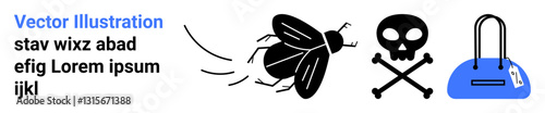 Flying black fly, skull with crossbones, and blue bag accompanied by random text in a minimalistic style. Ideal for design projects, educational materials, digital artwork, themed presentations