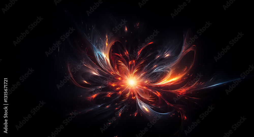 Vibrant burst of light and color emerges from the darkness. Abstract and dynamic, it resembles an explosion or flower with radiating orange, red, and blue hues. Vibrant burst of light and color emerges from the darkness. Abstract and dynamic, it resembles an explosion or flower with radiating orange, red, and blue hues.