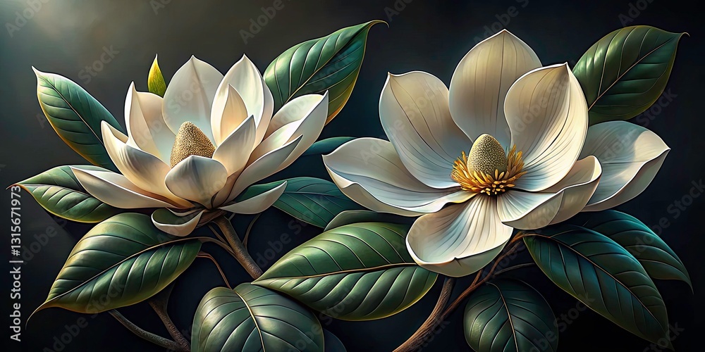 Obraz premium Elegant Magnolia Flowers on Dark Background - Botanical Illustration, High Depth of Field, Nature Art, Floral Design, Green Leaves, Detailed Drawing, Fine Art, Home Decor