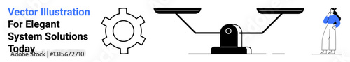 Balance scale, gear, and person in contemplation embody technology, fairness, and thoughtful solutions. Ideal for innovation, teamwork, problem-solving, data analysis equilibrium strategy flat