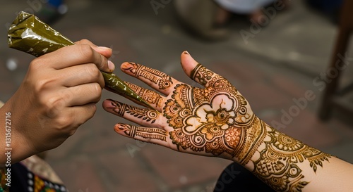 Intricate henna tattoo design applied to hand artistic body art brown craft style image woman hands