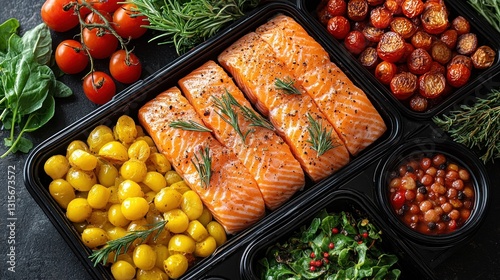 Healthy salmon meal prep containers with roasted tomatoes and beans photo
