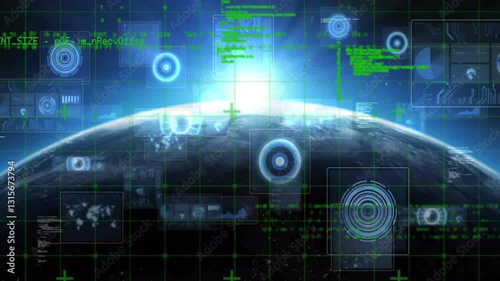 Digital interface with data processing animation over view of Earth from space Digital interface with data processing animation over view of Earth from space
