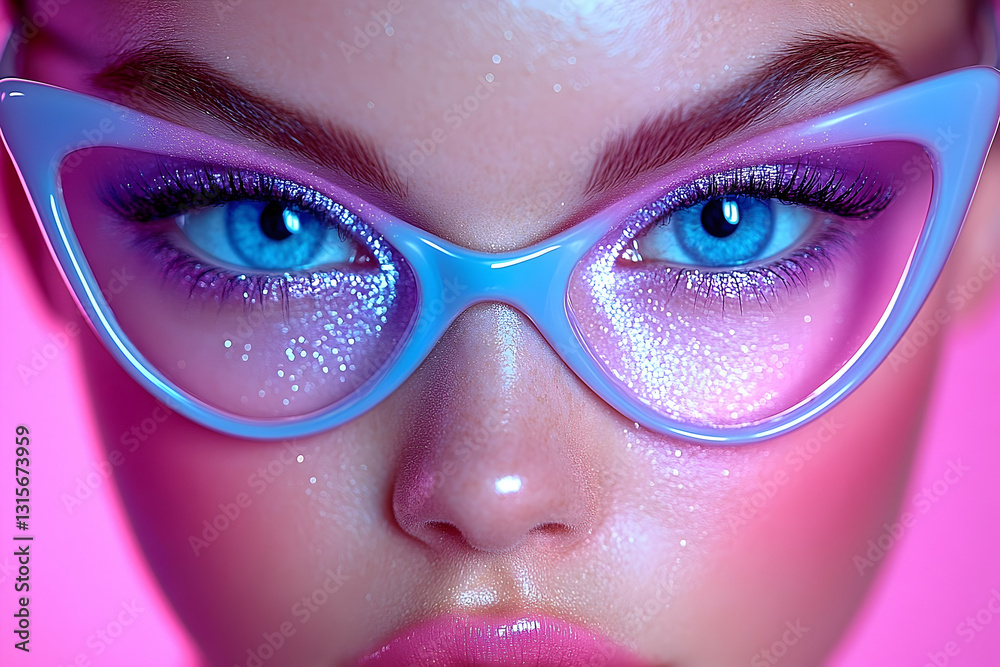 Close-up of a girl's face, featuring bright blue eyes and cat-eye glasses with glitter accents against a pink background. The image has a vibrant, stylized look Close-up of a girl's face, featuring bright blue eyes and cat-eye glasses with glitter accents against a pink background. The image has a vibrant, stylized look