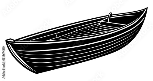 A black and white illustration of a simple, classic rowboat or dinghy, depicted at an angle.