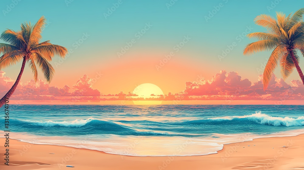 Obraz premium Tropical beach paradise with clear blue waters, sunlit golden sands, and a horizon blending into a pastel sunset sky