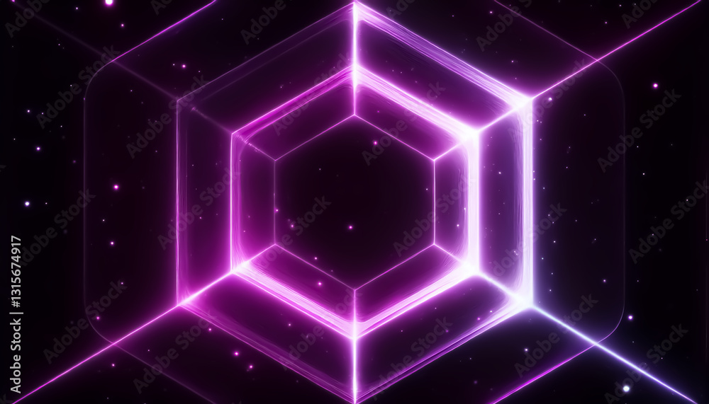 Obraz premium Neon Pink and Purple Geometric Hexagon with Glowing Cosmic Lights