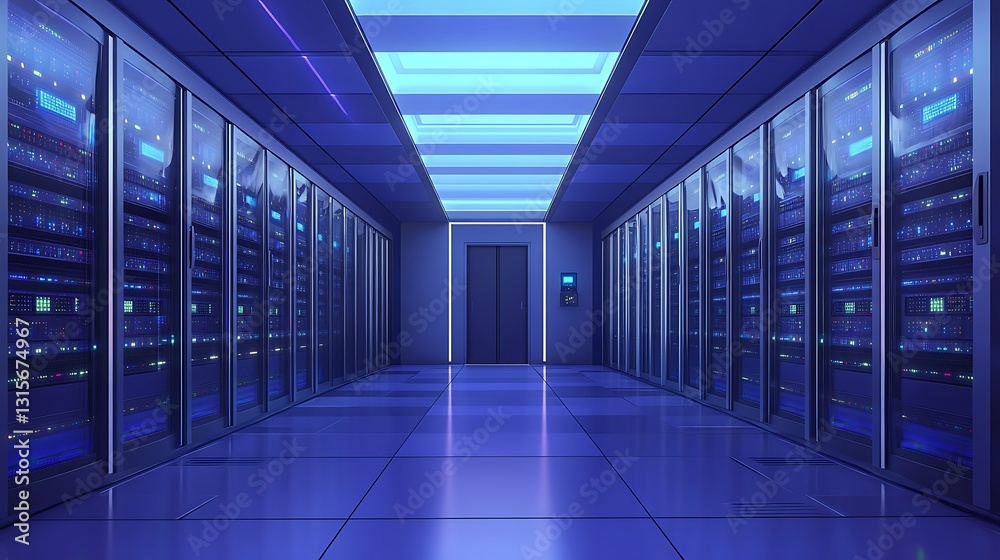 Fototapeta premium A futuristic server room with rows of data servers and blue lighting.