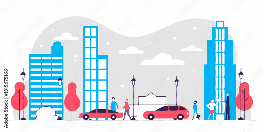 Obraz premium A modern urban cityscape with tall skyscrapers, moving cars, and people walking along the streets. The illustration features a clean and minimalistic design with vibrant colors and a lively atmosphere