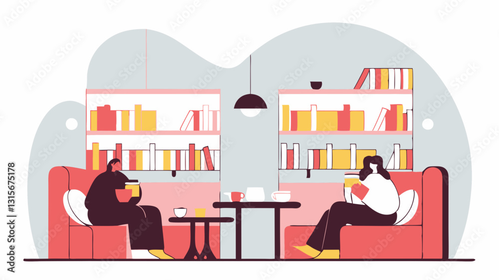 Naklejka premium A cozy and modern library café scene featuring two people reading books in a relaxed atmosphere, surrounded by bookshelves, warm lighting, and a peaceful setting.