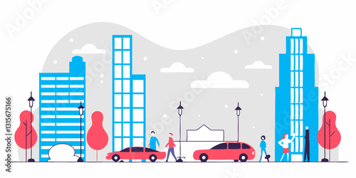 A modern urban cityscape with tall skyscrapers, moving cars, and people walking along the streets. The illustration features a clean and minimalistic design with vibrant colors and a lively atmosphere