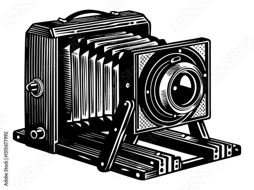 A detailed black and white illustration of a vintage folding camera with bellows and a lens, capturing the essence of early photography.