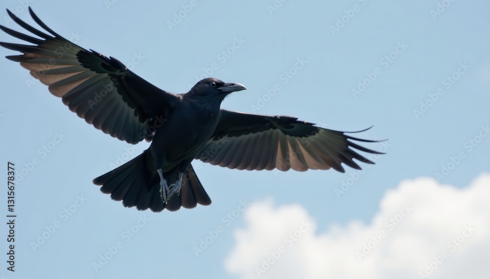 Fototapeta premium Isolated black and white crow in mid-air , Feathers, Black and White, Flyer