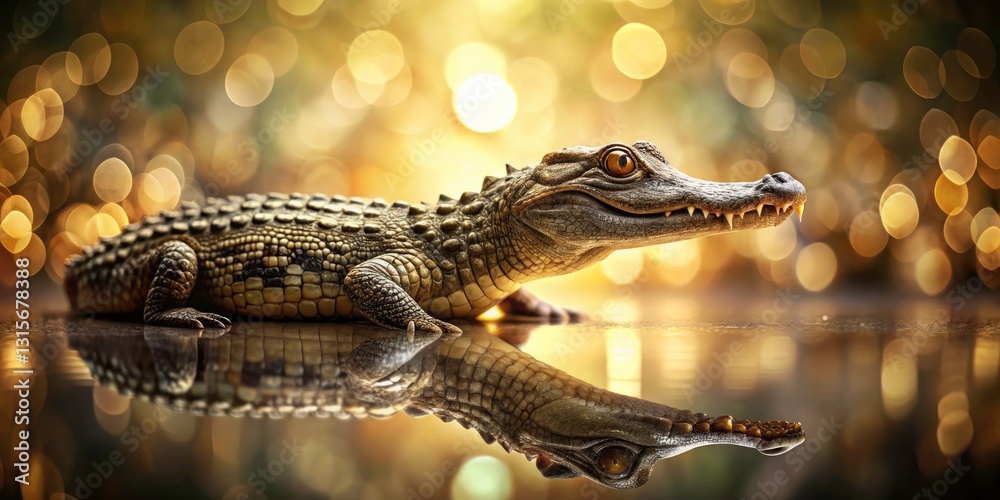 Fototapeta premium Miniature Crocodile, Tilt-Shift Photo, Reptile, Wild Animal, Isolated Background, Wildlife Photography, Close-up, Exotic Animal, Nature, Savannah, Swamp,