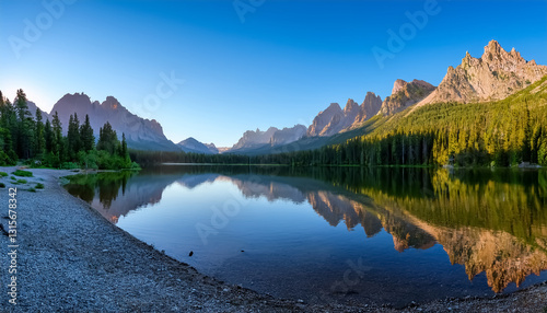 Serene Mountain Lake with Forest and Clear Peak Reflection