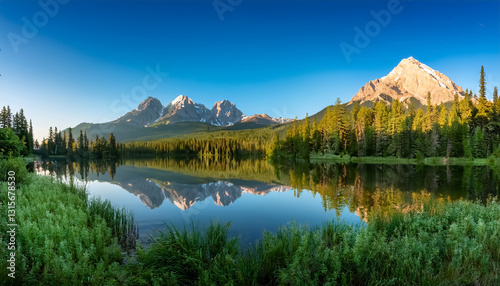 Scenic Mountain Lake with Forest and Majestic Peak Reflections