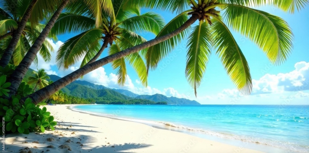Obraz premium Lush Hawaiian palm trees arch over pristine white sand beach , getaway, exotic, beach