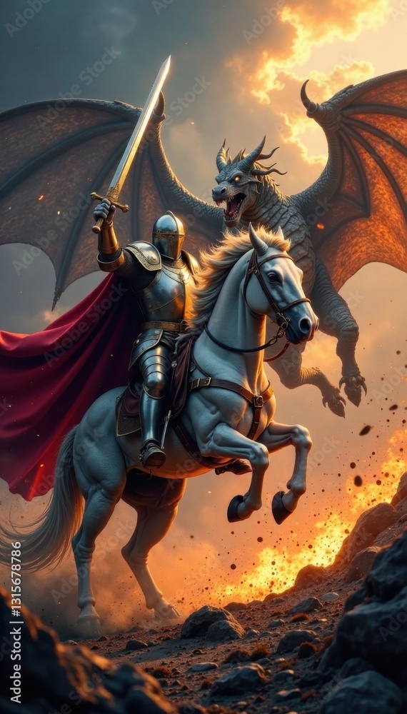 Fototapeta premium Knight in shining armor charging at fierce dragon with sword held high , battle, mythical creatures, fantasy