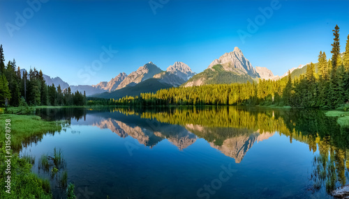 Serene Mountain Lake with Forest and Clear Peak Reflection