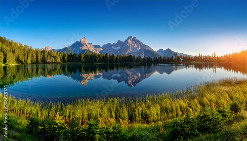 Serene Mountain Lake with Forest and Clear Peak Reflection