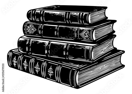 A detailed black and white illustration of four stacked, vintage-looking books, showcasing intricate spine designs.