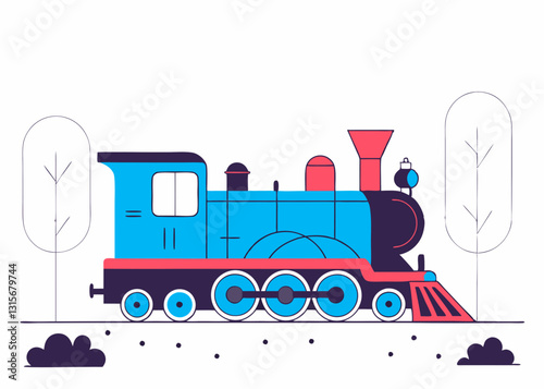 A flat vector illustration of a cartoon train with a blue body, red accents, and black wheels, traveling on a track with stylized trees and clouds in the background, against a white background.