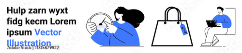 Woman scanning item using barcode scanner, shopping bag with attached tag, man working on laptop. Ideal for e-commerce, technology, retail, shopping, freelance work, productivity flat landing page