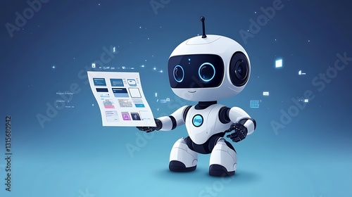 A friendly robot holding a document, set against a blue digital background.