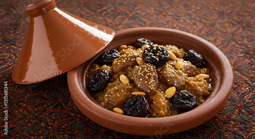 Delicious moroccan tagine with lamb prunes and almonds pot food dish meal clay warm meat nuts brown