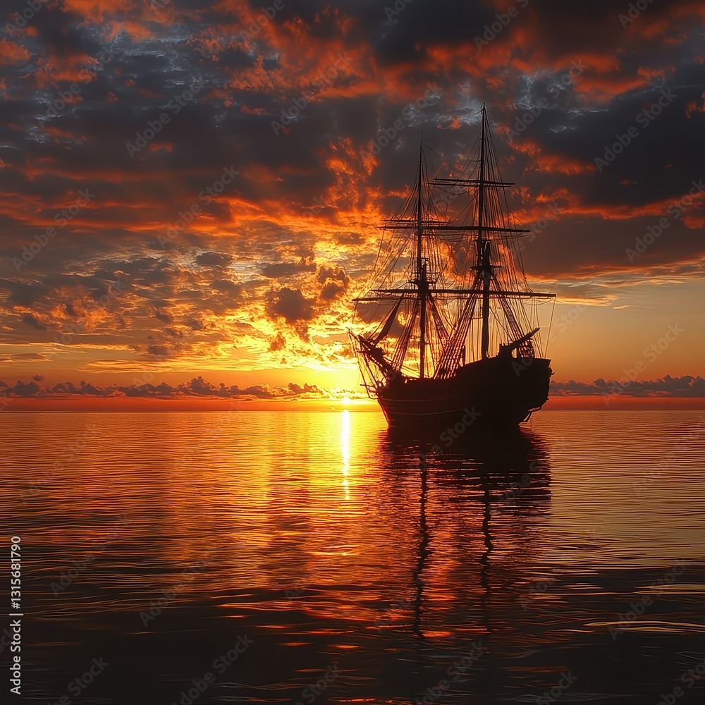 Fototapeta premium Silhouette of Vintage Ship Against Dramatic Sunset Over Calm Waters