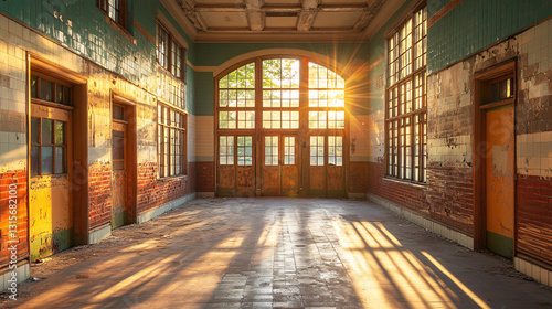 Abandoned school corridor with sunlight streaming through windows, creating warm atmosphere. walls show signs of decay, enhancing sense of nostalgia and history