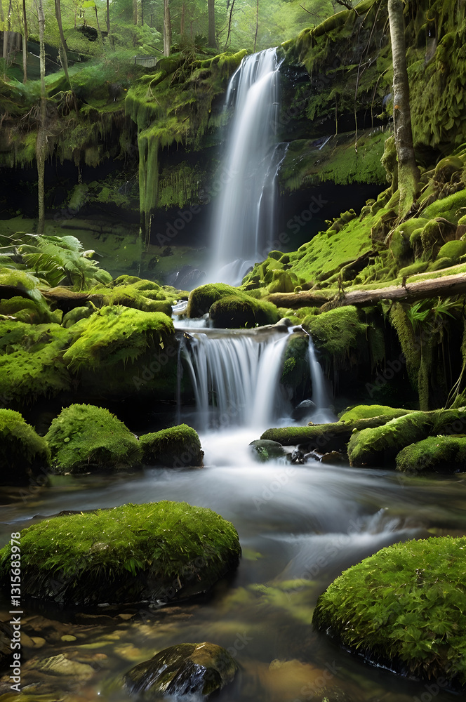 Obraz premium Cascading Beauty: A picturesque waterfall cascades gracefully amidst lush, vibrant green moss-covered rocks and vegetation, creating a tranquil and breathtaking natural scene
