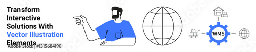 Wallpaper Mural Businessman gesturing amidst logistics icons globe, gear labeled WMS, warehouse, shipping containers. Ideal for logistics, technology, supply chain, global trade, warehousing innovation flat Torontodigital.ca