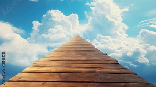 A magical wooden bridge leading through the sky, its planks forming with every step