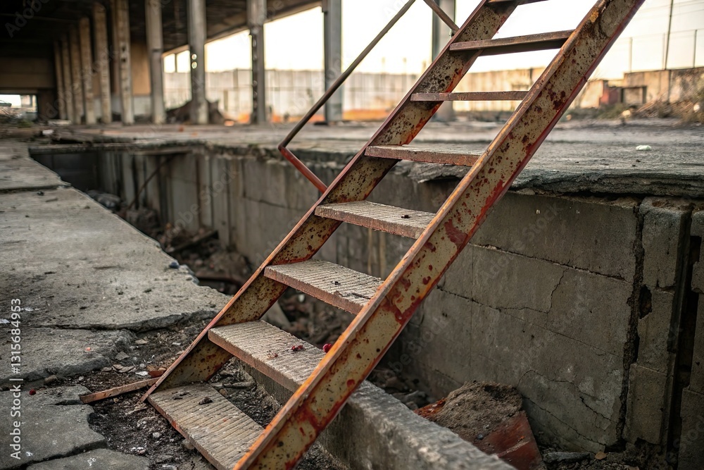 Rusty metal ladder in abandoned factory. Decay and industry decline Rusty metal ladder in abandoned factory. Decay and industry decline